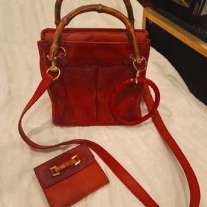 Gucci Suede Red Bamboo Purse & Wallet